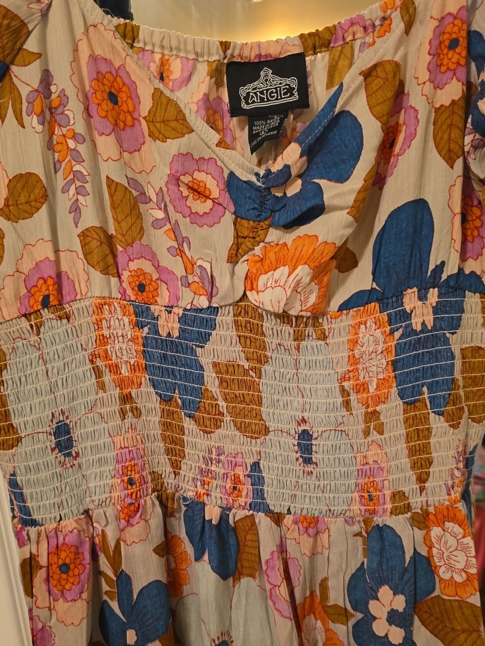 Floral Puff Sleeve Tiered Dress - Blue, Pink & Brown - Picture 3 of 6